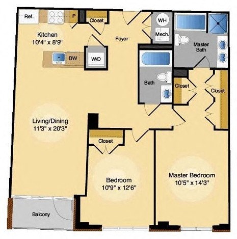 Floor plan for 2 beds, 2 baths, 1087 sqft